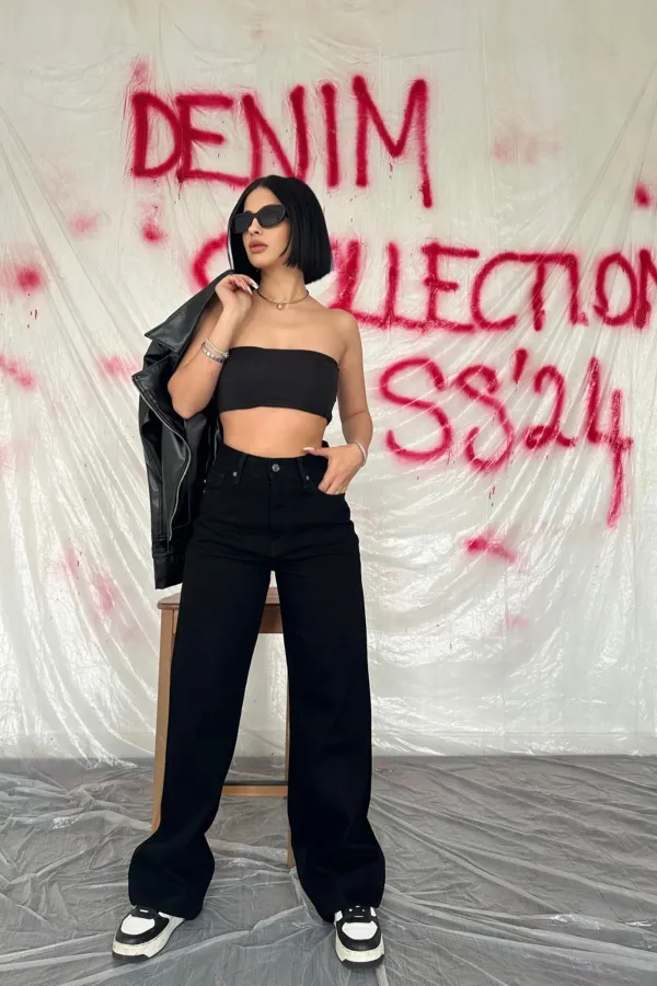 Toptan Siyah Yüksek Bel Ve Geniş Paça Jeans Pantolon