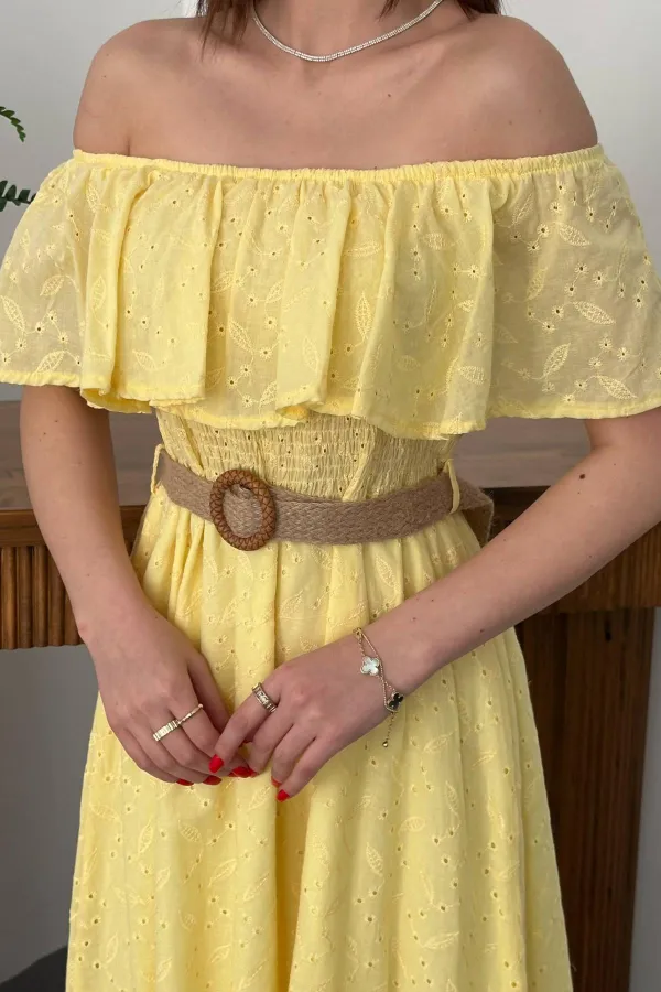 Robe brodée jaune à épaules élastiques en gros