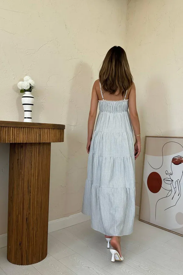 Wholesale Blue Strappy Striped Muslin Dress