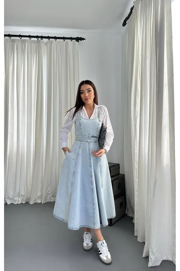 Toptan Kar Yıkama Midi Boy Bantlı Kot Elbise