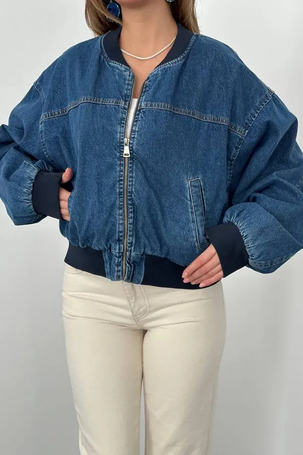 Blouson aviateur en denim bleu en gros