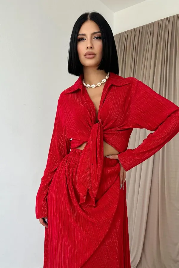 Ensemble chemise et jupe longue en velours côtelé rouge en gros