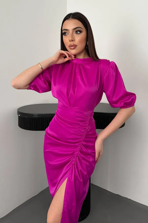 Toptan Koyu Fuşya Büzgülü Saten Elbise