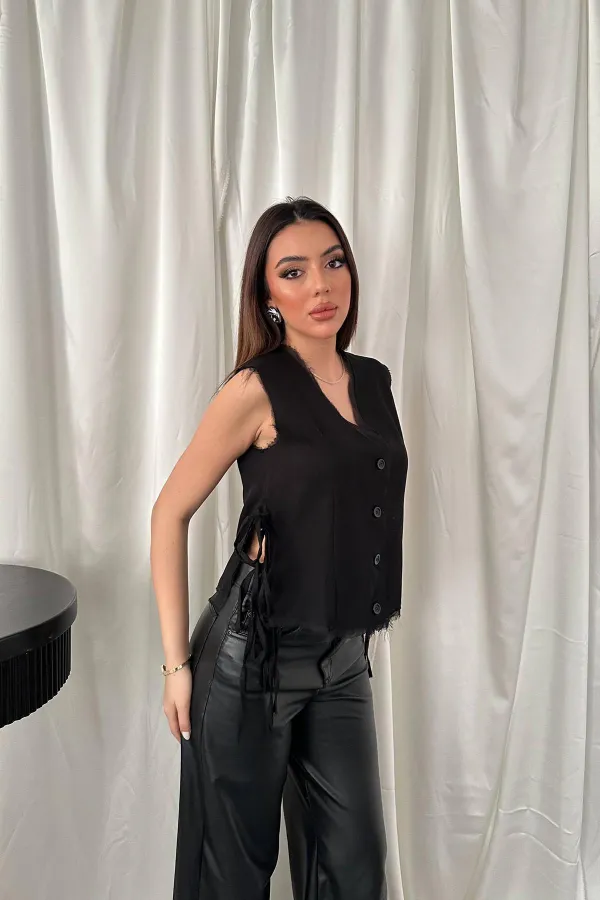 Toptan Siyah Yanları Bağcıklı Yelek