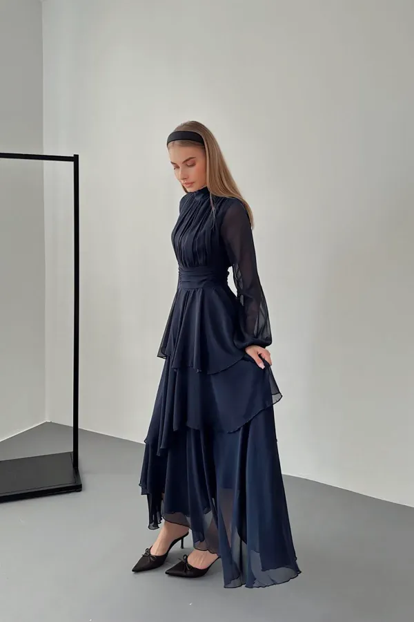 Toptan Lacivert Bel Detaylı Elbise