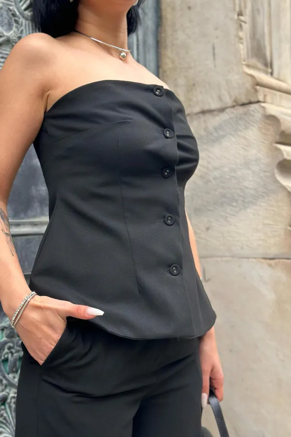 Ensemble haut court et pantalon boutonné sans bretelles noir en gros