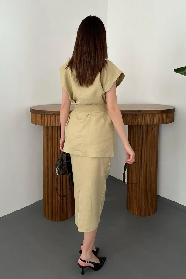 Toptan Bej Cepli Gömlek Ve Etek Takım