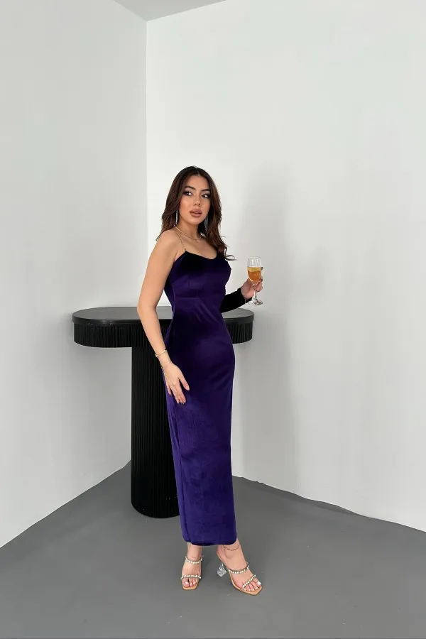 Robe violette asymétrique à bretelles en pierre, vente en gros