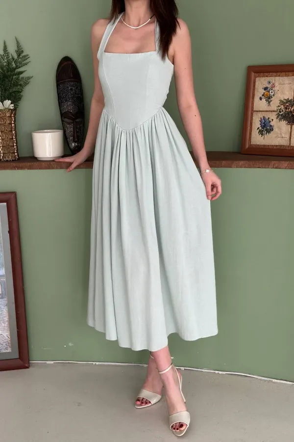 Toptan Mint Boyundan Bağlamalı Keten Elbise