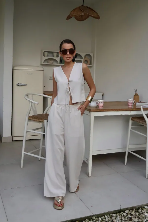 Costume en lin beige avec nœud sur le devant, vente en gros