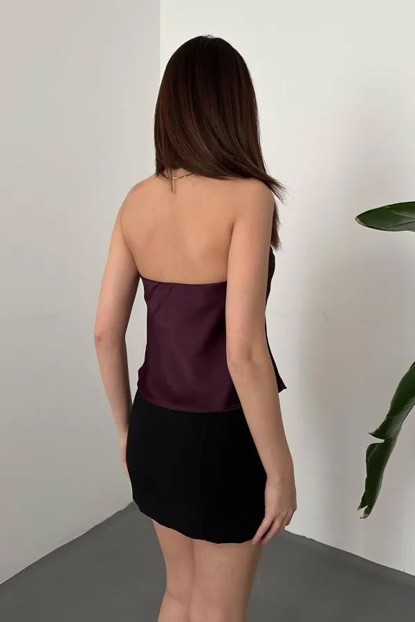 Toptan Bordo Degaje Saten Bluz