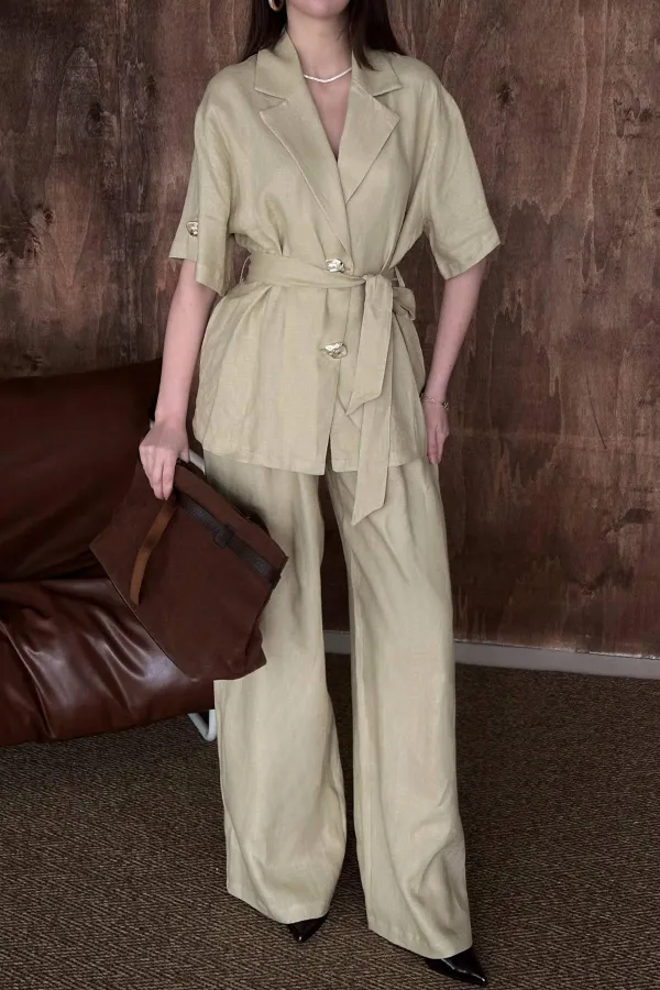 Toptan Bej Keten Gömlekli Takım