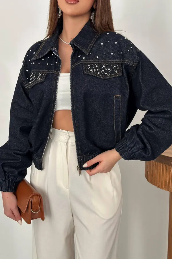 Veste courte en jean bleu délavé en gros