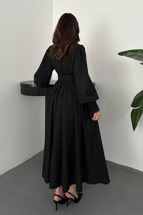 Toptan Siyah Brode Kemerli Fisto Elbise