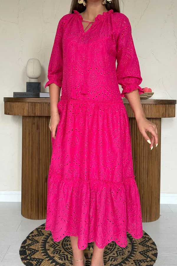Toptan Fuşya Dantelli New Elbise
