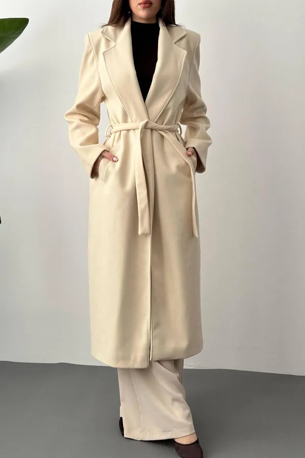 Toptan Bej Kuşaklı Midi Kaban