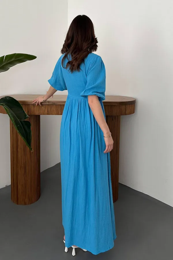 Robe longue bleue en mousseline de mousseline en gros