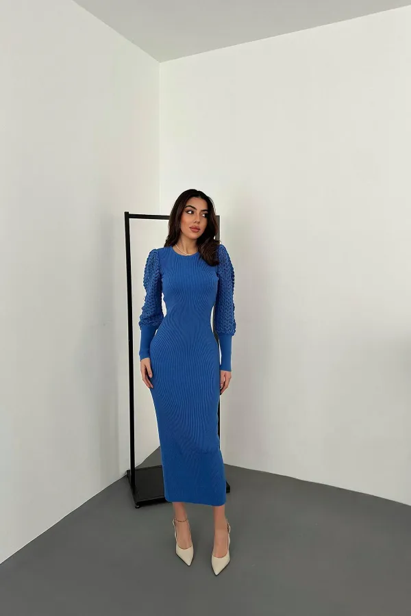 Toptan Mavi Kolları Örgülü Triko Elbise