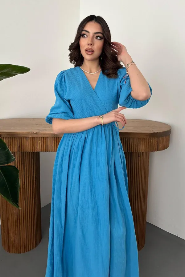 Robe longue bleue en mousseline de mousseline en gros