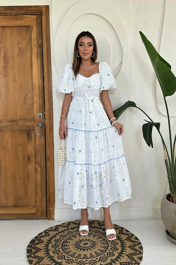 Wholesale Blue Lace Detailed Embroidered Dress