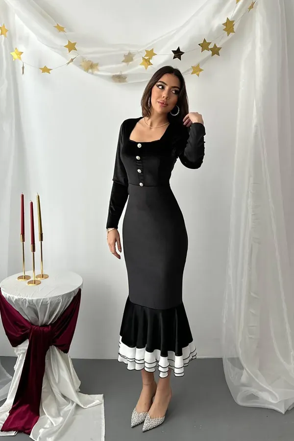 Toptan Siyah Alt Eteği Volanlı Kadife Elbise