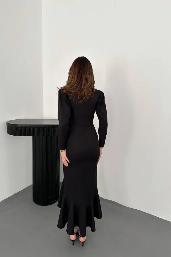 Toptan Siyah Volanlı Atlas Elbise