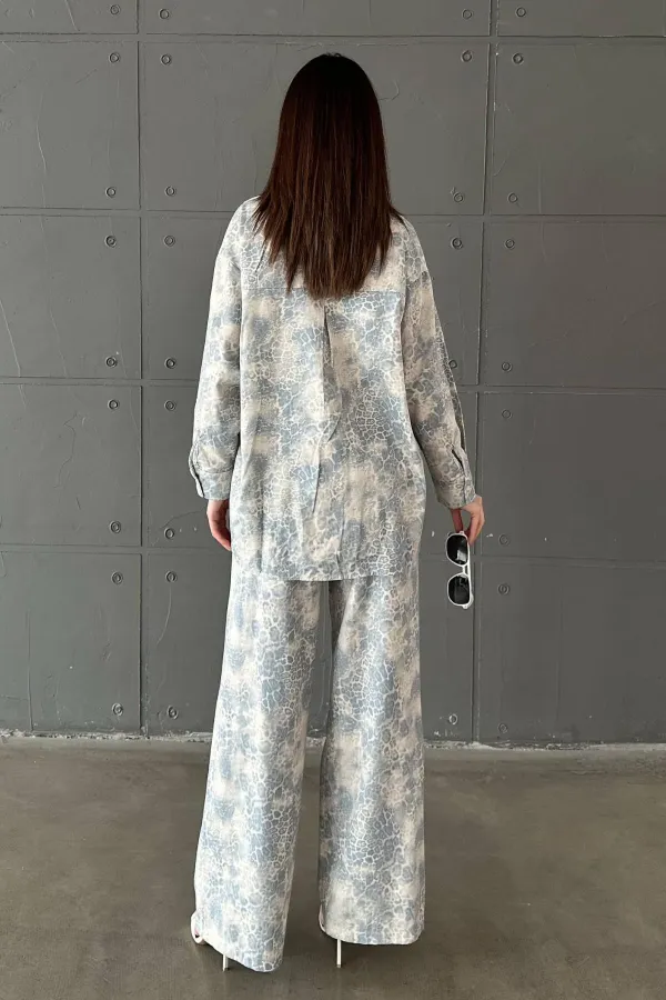 Wholesale Blue Leopard Patterned Jacket and Trousers Linen Suit