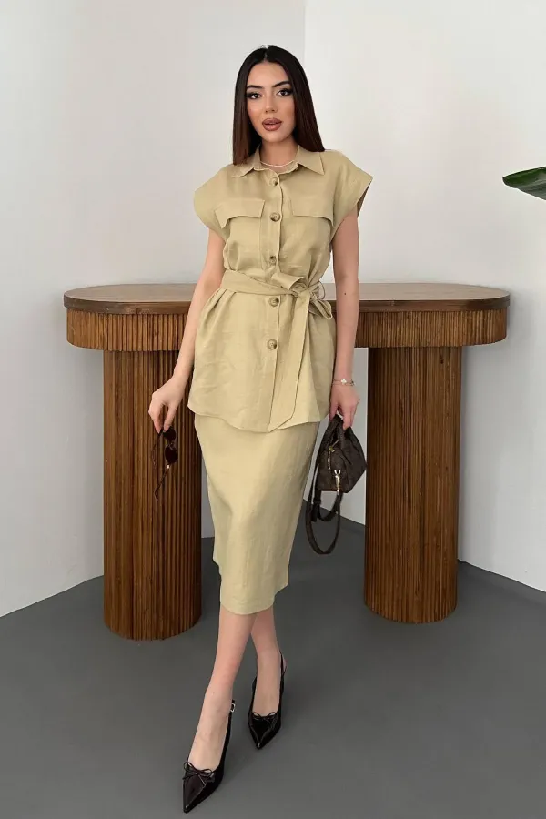Toptan Bej Cepli Gömlek Ve Etek Takım
