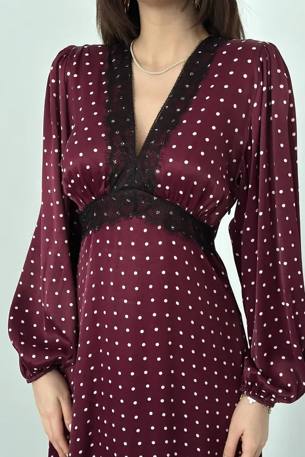 Toptan Bordo Saten Puantiyeli Dantel Detaylı Elbise