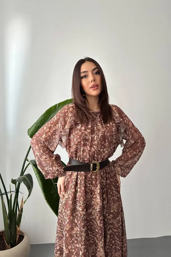 Toptan Kahverengi Fırfırlı Şifon Elbise