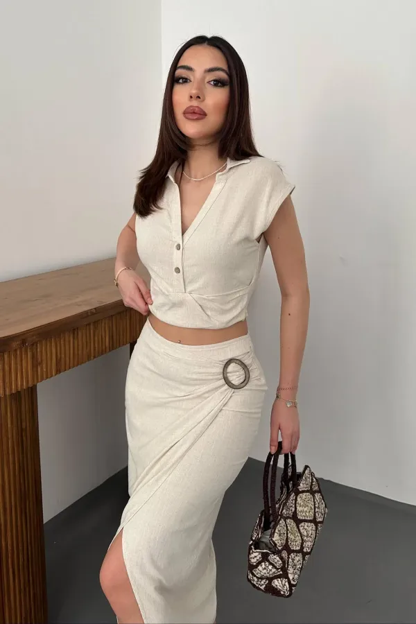 Toptan Bej Keten Gömlek Ve Etek Takım