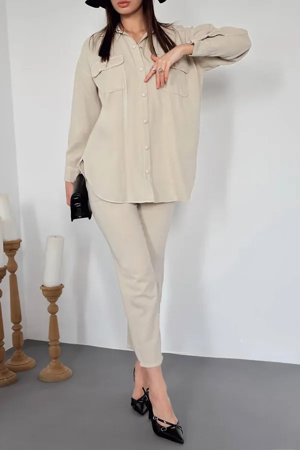 Ensemble chemise et pantalon beige délavé en gros