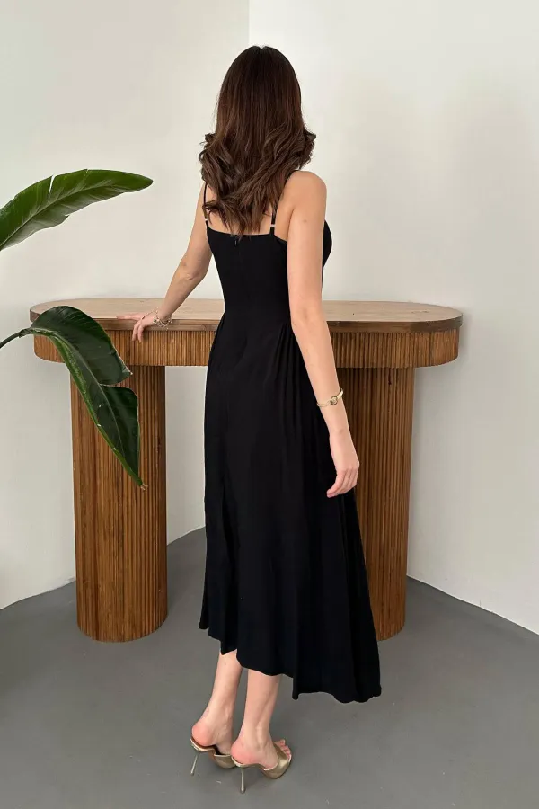 Toptan Siyah Göğüs Kuplu Uzun Büzgülü Elbise