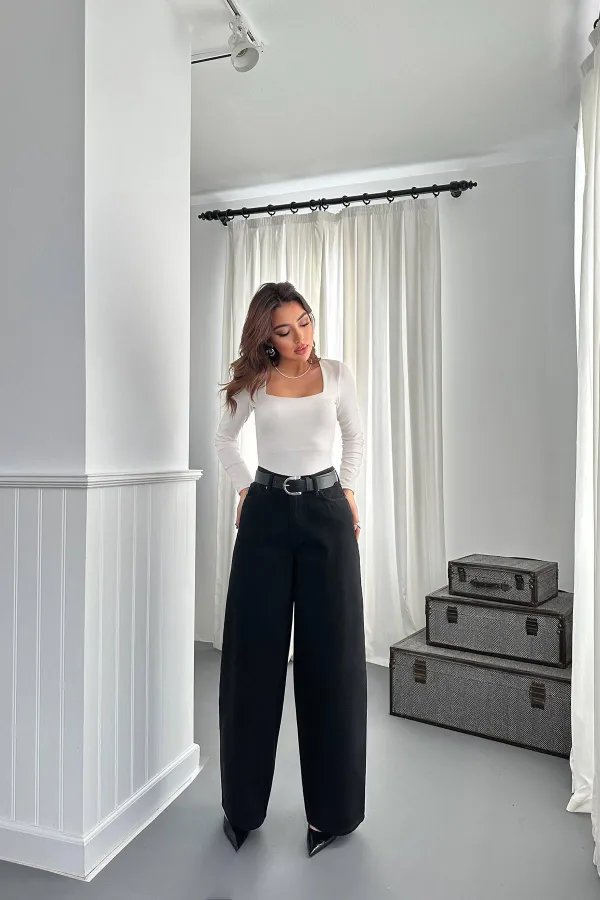 Toptan Siyah Geniş Paça Jeans Pantolon