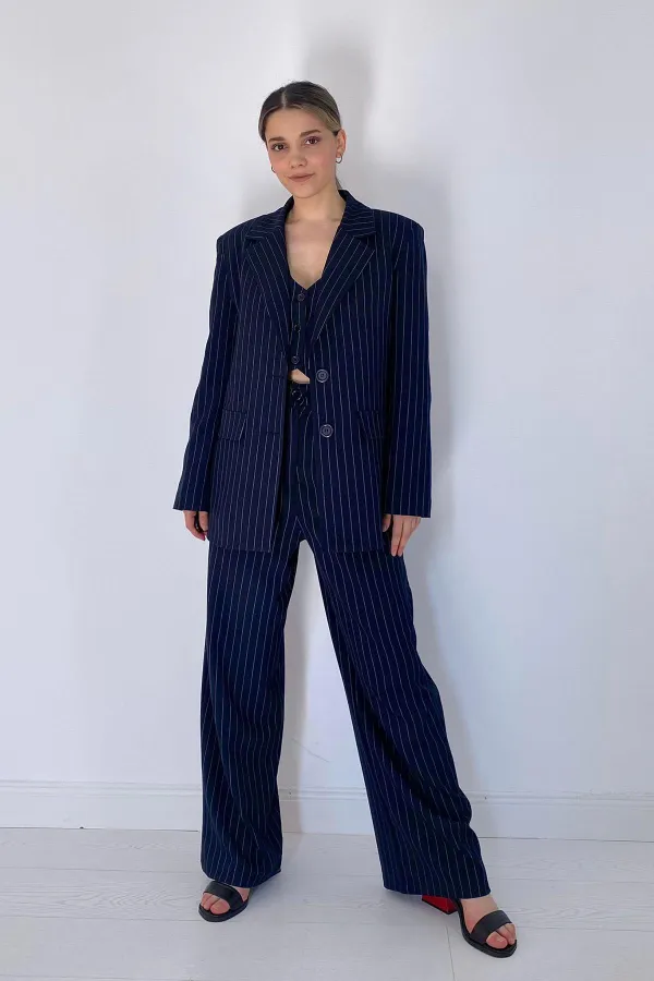 Wholesale Navy Blue Striped Jacket & Vest and Trouser Set