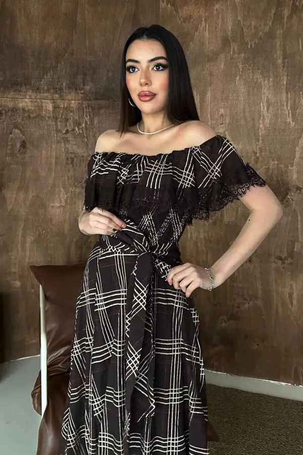 Robe en dentelle à carreaux marron en gros