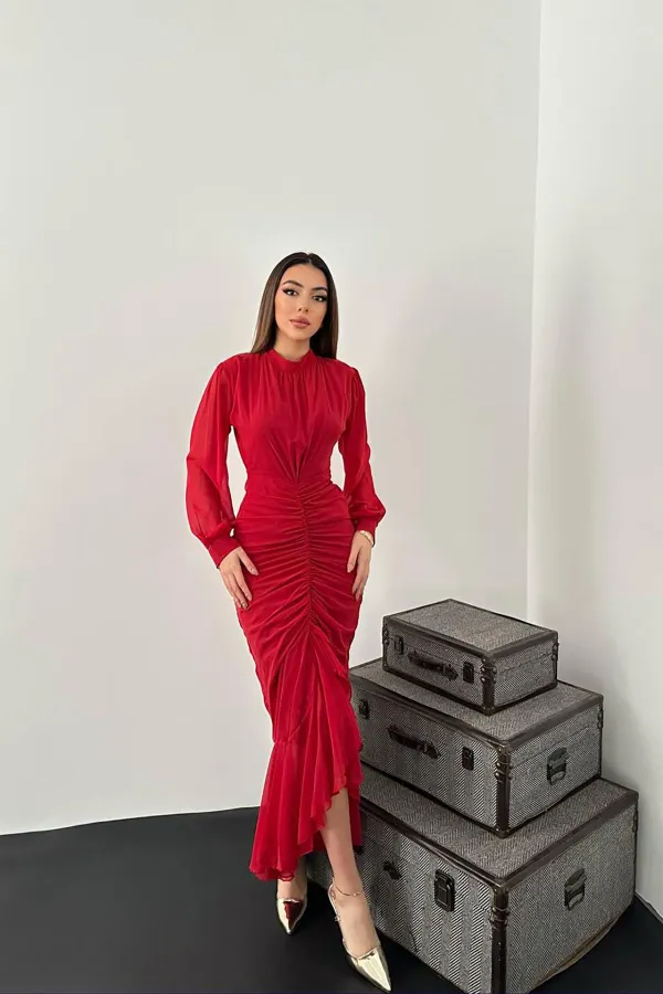 Robe en mousseline plissée rouge en gros