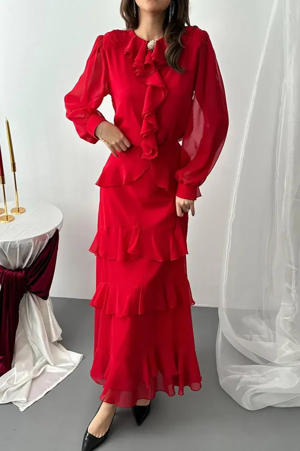 Toptan Kırmızı Fırfırlı Şifon Takım