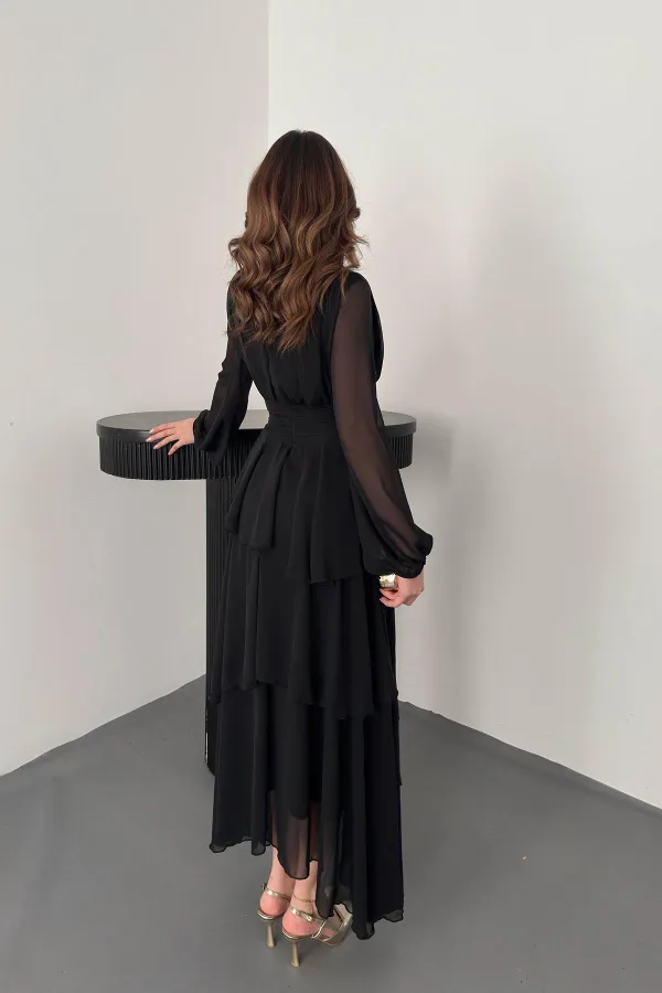 Toptan Siyah Bel Detaylı Elbise