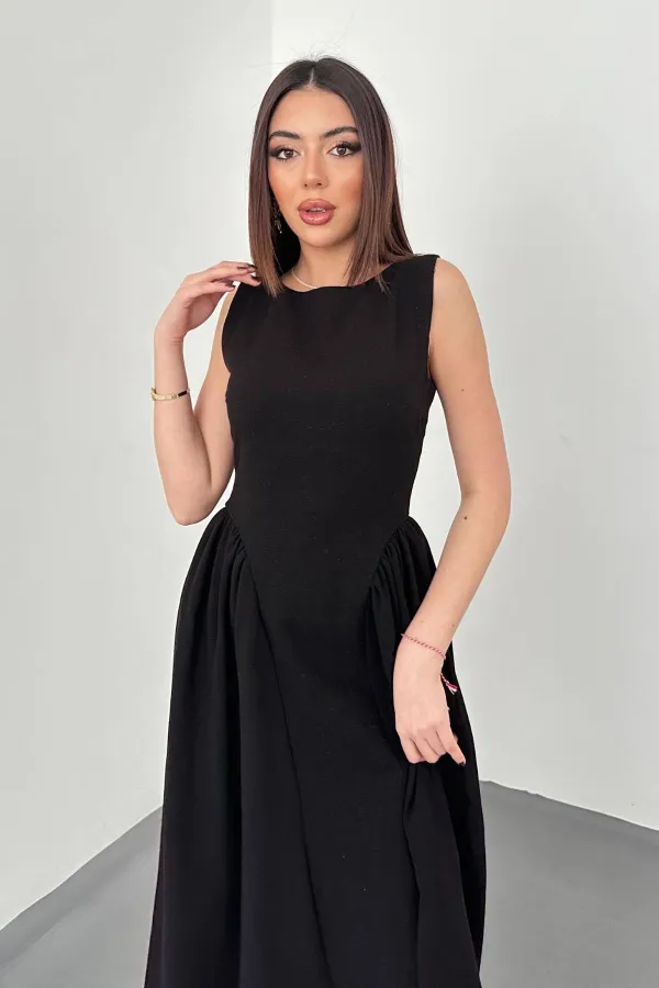 Robe mi-longue plissée noire en lin, vente en gros