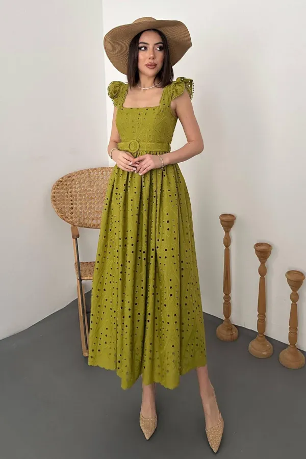 Toptan Fıstık Yeşili Dantelli Brode Elbise