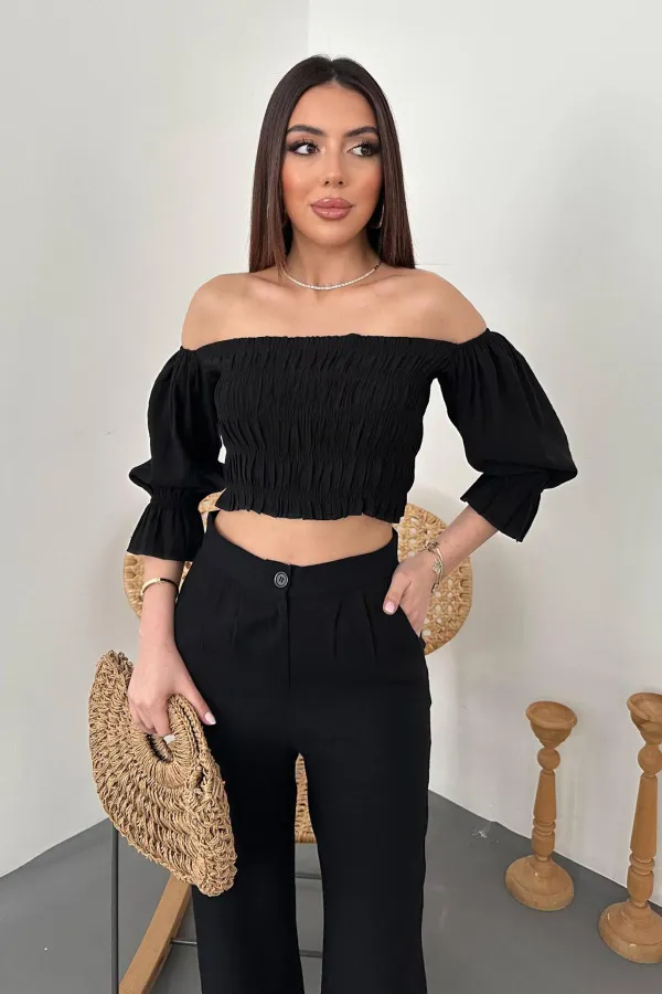 Toptan Siyah Yaka Bluz Ve Pantolon Siyah