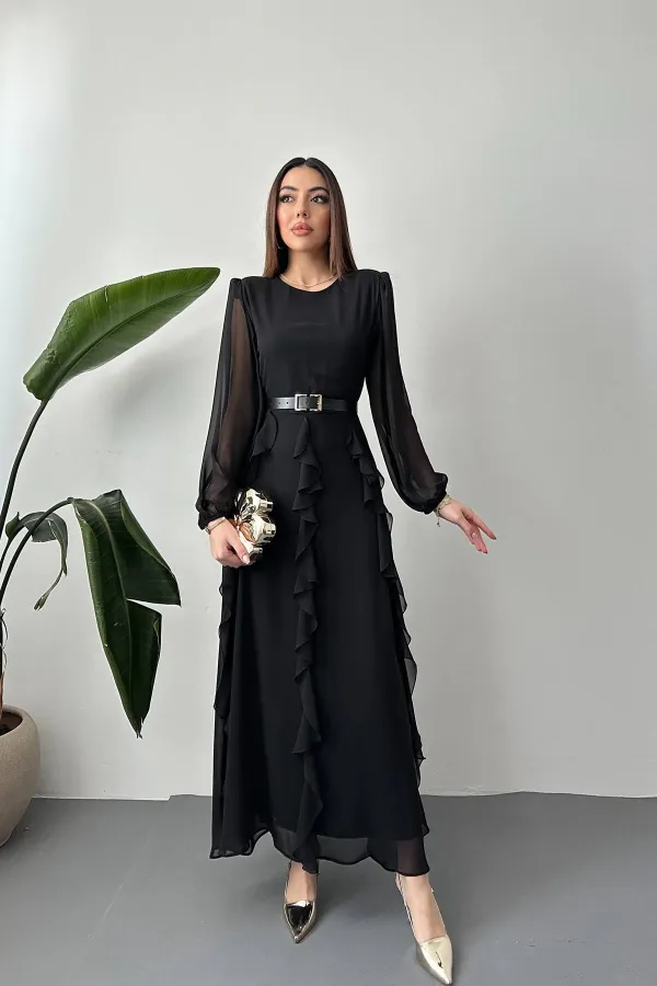 Toptan Siyah Kemerli Şifon Elbise