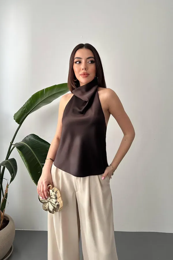 Toptan Kahverengi Degaje Saten Bluz
