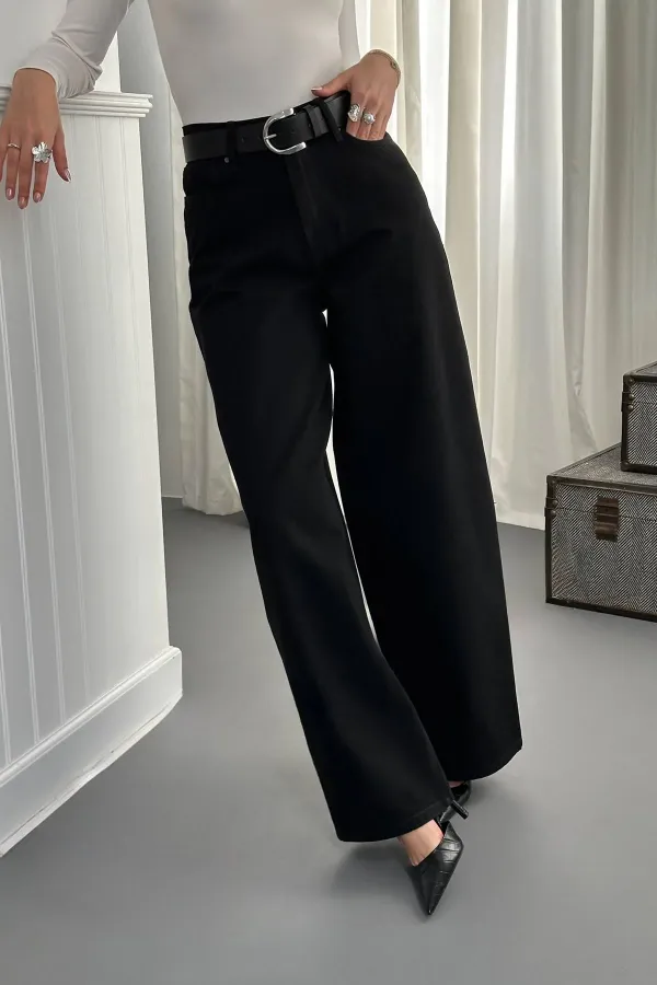 Toptan Siyah Geniş Paça Jeans Pantolon