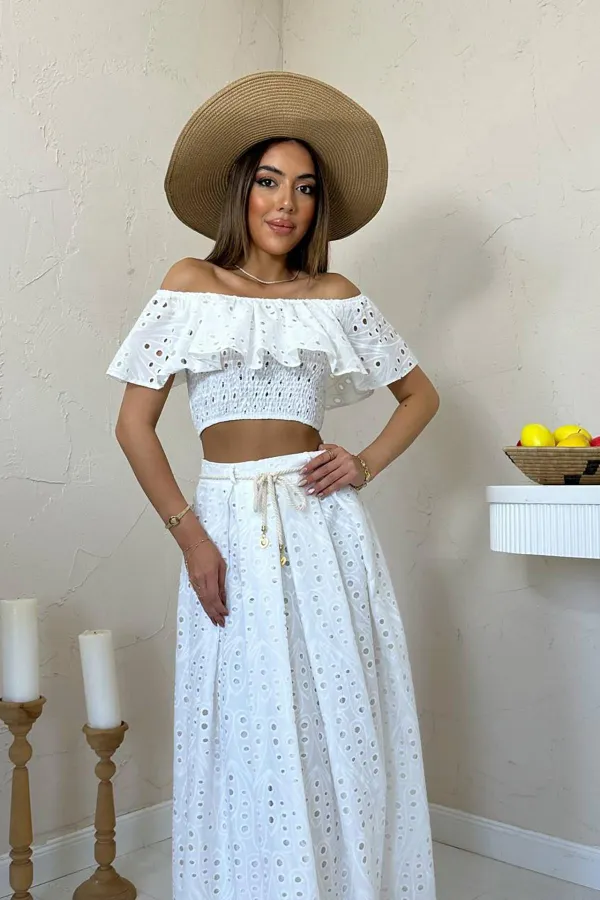 Wholesale White Gipel Blouse Skirt Set