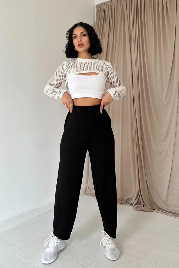 Pantalon noir plissé élastique avec détails en gros