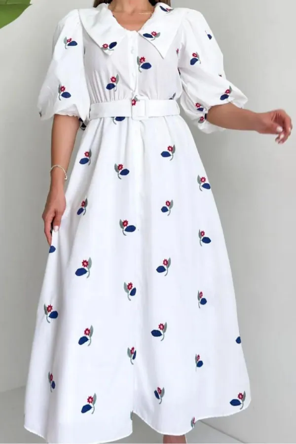 Toptan Kırmızı Yakası Çiçek Motifli Kemerli Elbise