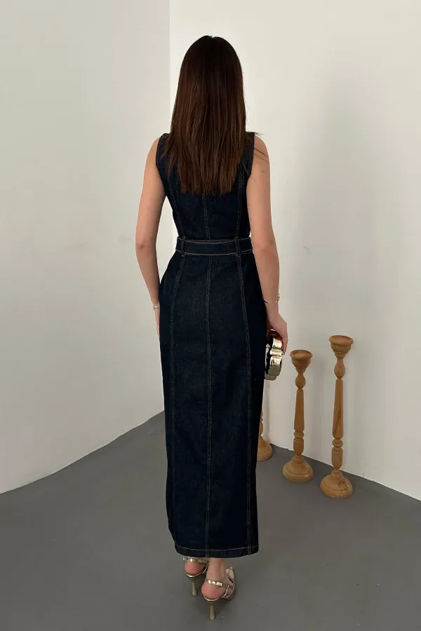 Toptan Lacivert Düğmeli Kot Elbise