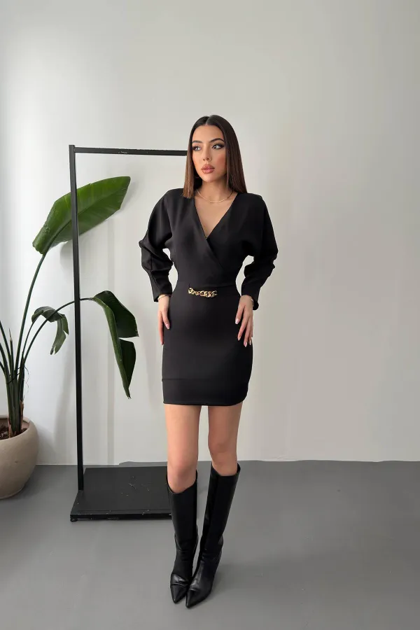 Toptan Siyah Zincir Detaylı Elbise